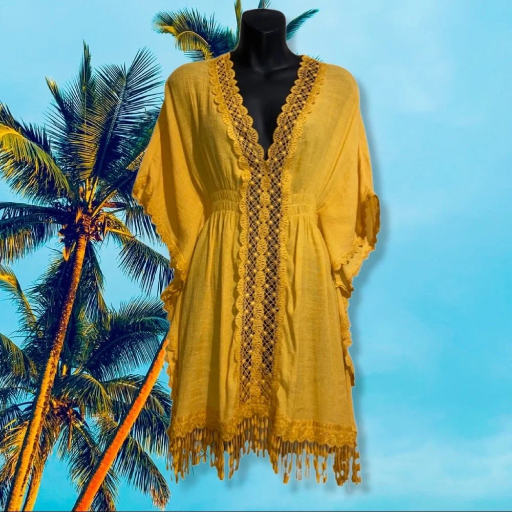 Woman's Boho Style Short Sleeve Fringe Cover Up